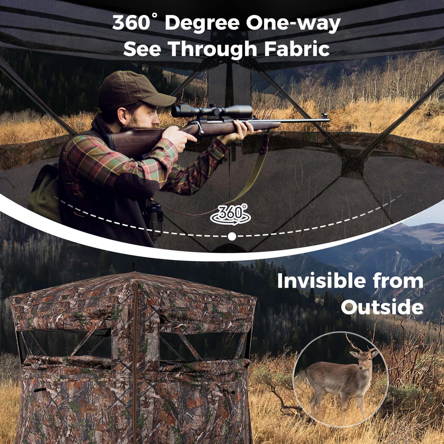 360 Degree One-Way See-Through Hunting Blind with Full-Open Door Carrying Bag