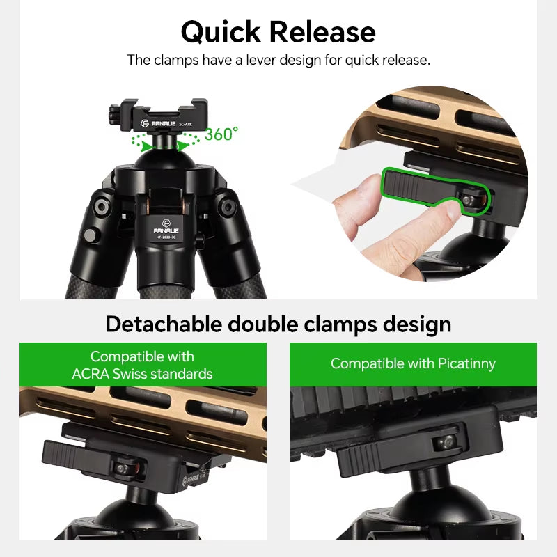 Fanaue Portable Carbon Fiber Tripod Aluminum Alloy for Swiss Picatinny Rail Compatible ACRA for Hunting Shooting Camera/Video