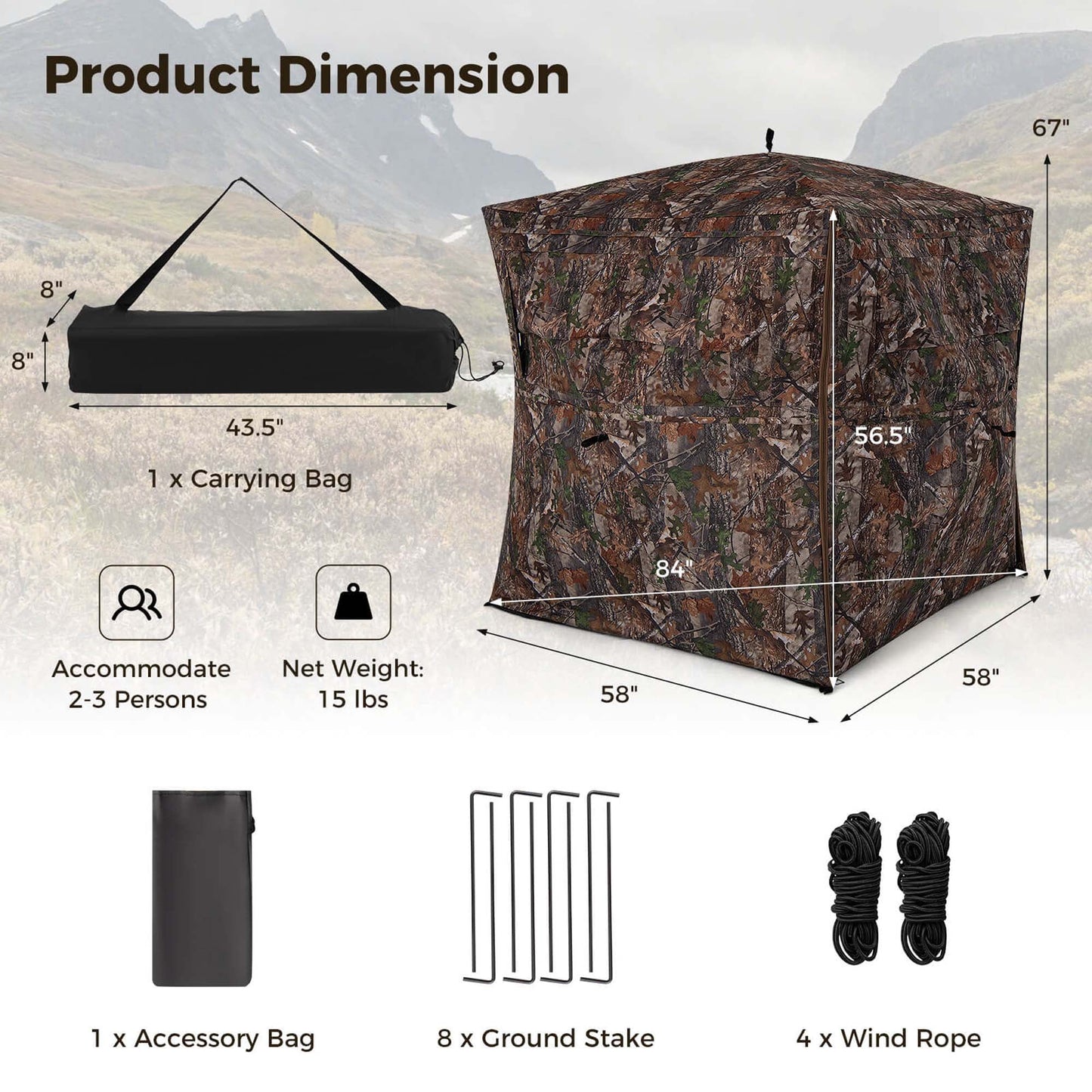 360 Degree One-Way See-Through Hunting Blind with Full-Open Door Carrying Bag