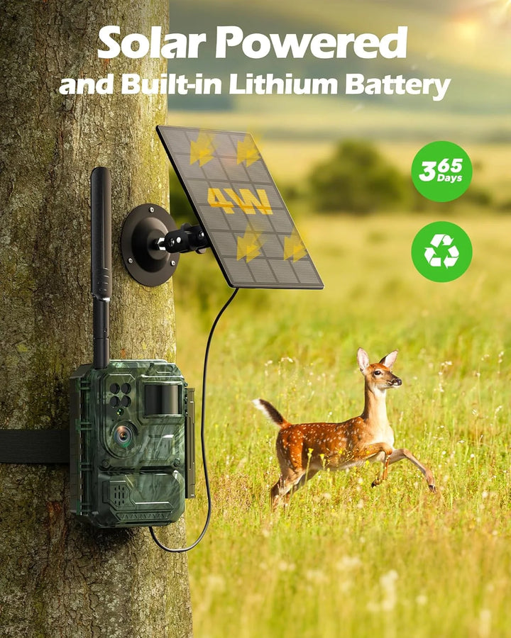 Cellular Solar Trail Camera with Live Streaming - 4G LTE Unlimited Data Game Camera with Night Vision, 0.1S Trigger Motion Activated, Real-Time Alerts for Wildlife Monitoring