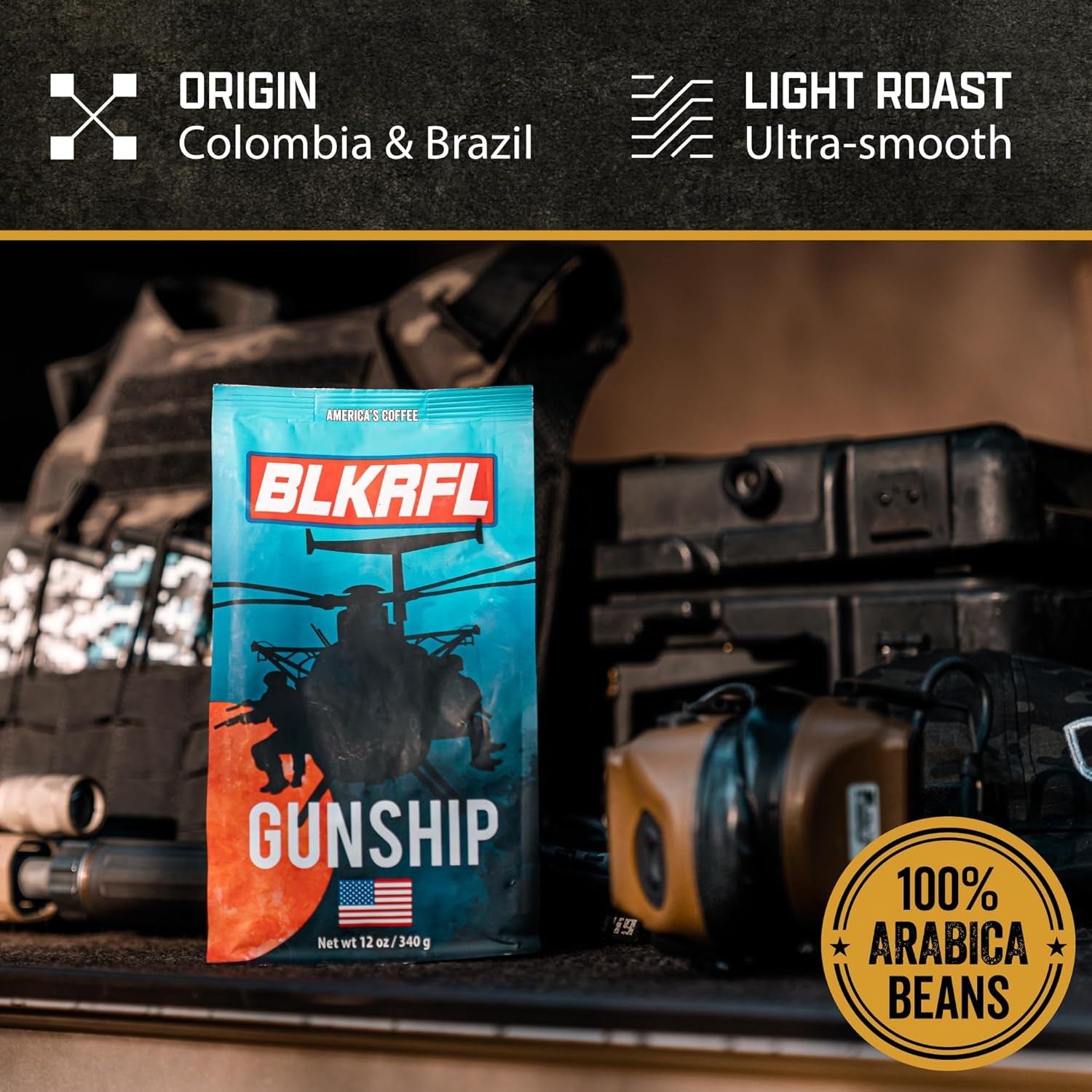 Ground Coffee Light Roast - Roasted Blend Made from Pure Arabica Beans - Colombian & Brazilian Beans - Veteran Founded & American Made (Gunship Roast, 12Oz Bag)