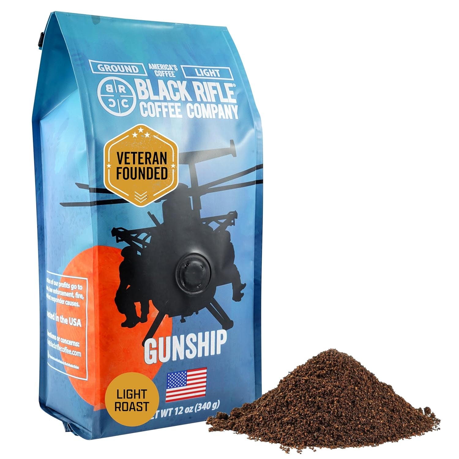 Ground Coffee Light Roast - Roasted Blend Made from Pure Arabica Beans - Colombian & Brazilian Beans - Veteran Founded & American Made (Gunship Roast, 12Oz Bag)