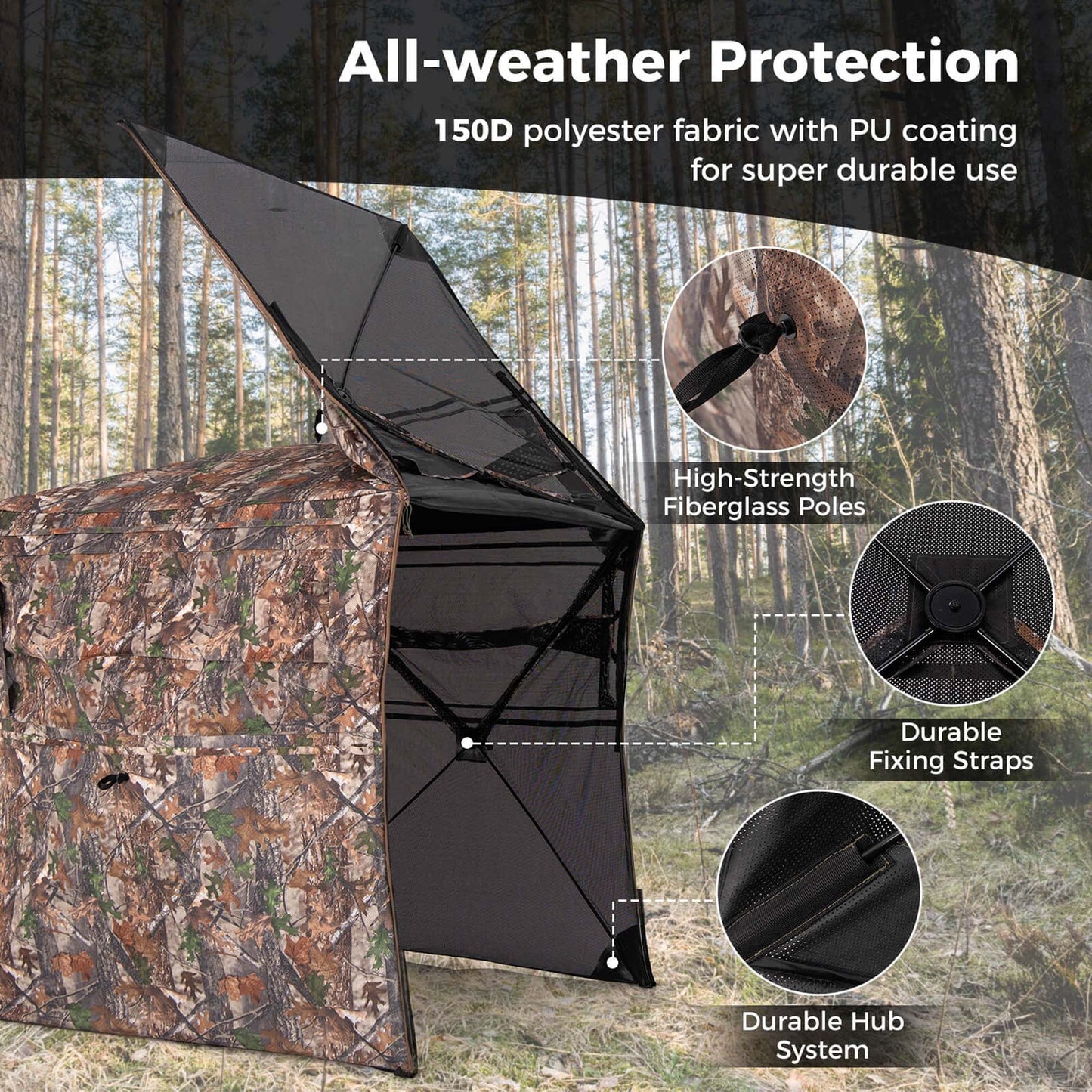 360 Degree One-Way See-Through Hunting Blind with Full-Open Door Carrying Bag